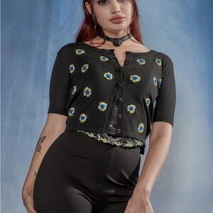 Widow Black Cardigan with Blue and Yellow Floral Accents NWOT